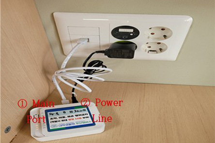 WiFi와 콘센트가 연결된 사진, 1:메인포트,2:전원선